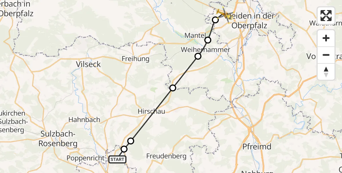 Flugroute Rettungshubschrauber Amberg - Weiden i.d.OPf., 28 Juni 2026, 07:22