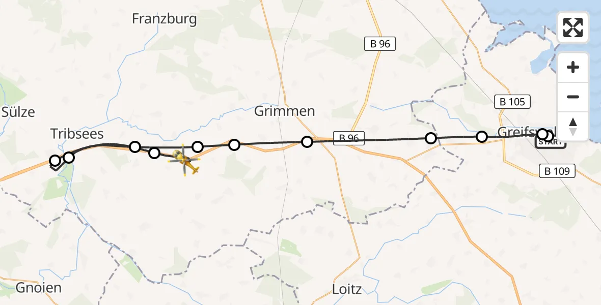 Flugroute Rettungshubschrauber Greifswald Hospital - Gransebieth, 28 Juni 2026, 07:24