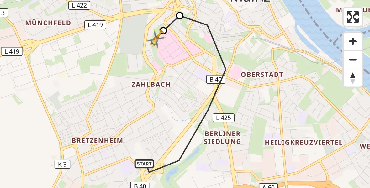Flugroute Rettungshubschrauber Mainz - Mainz University Hospital, 28 Juni 2026, 07:25
