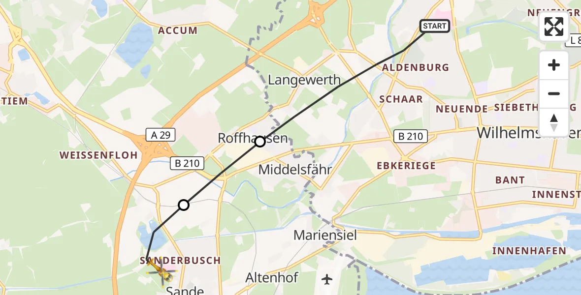 Flugroute Rettungshubschrauber Wilhelmshaven - Sande, 28 Juni 2026, 07:31