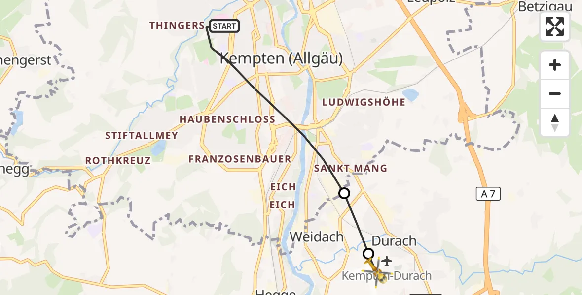 Flugroute Rettungshubschrauber Kempten (Allgäu) - Kempten-Durach Flugplatz, 28 Juni 2026, 07:41