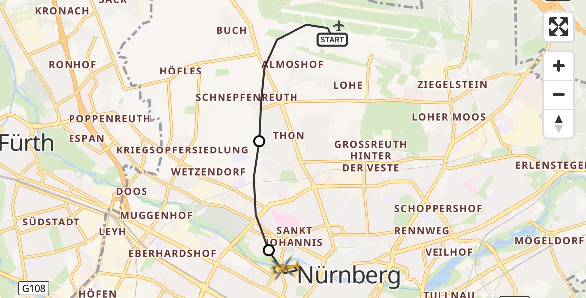 Flugroute Rettungshubschrauber Flughafen Nuremberg - Deutschherrnwiese Hubschrauberlandeplatz, 28 Juni 2026, 07:45