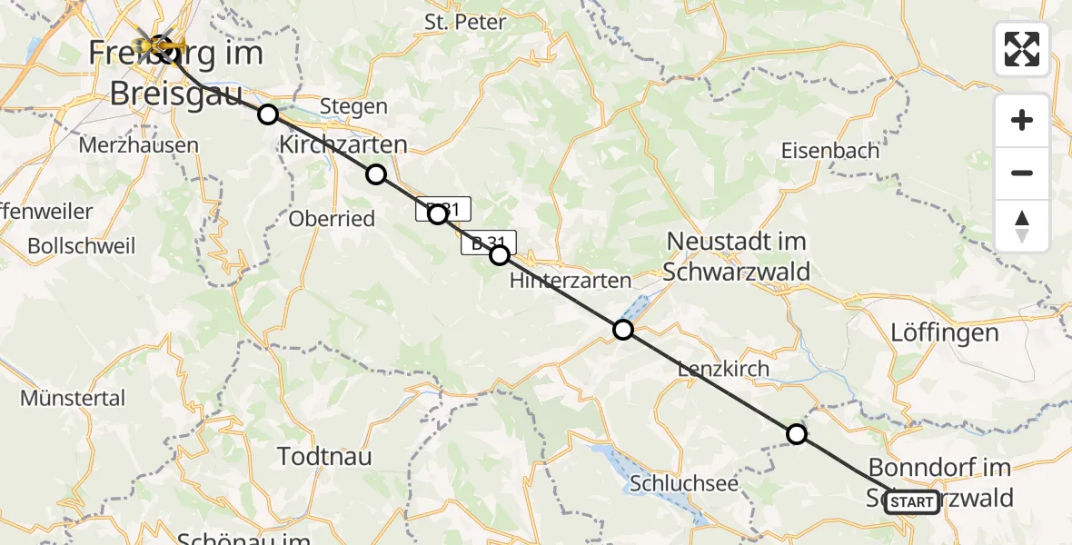 Flugroute Ambulanzhubschrauber Bonndorf im Schwarzwald - Freiburg University Hospital Heliport 1, 28 Juni 2026, 07:46