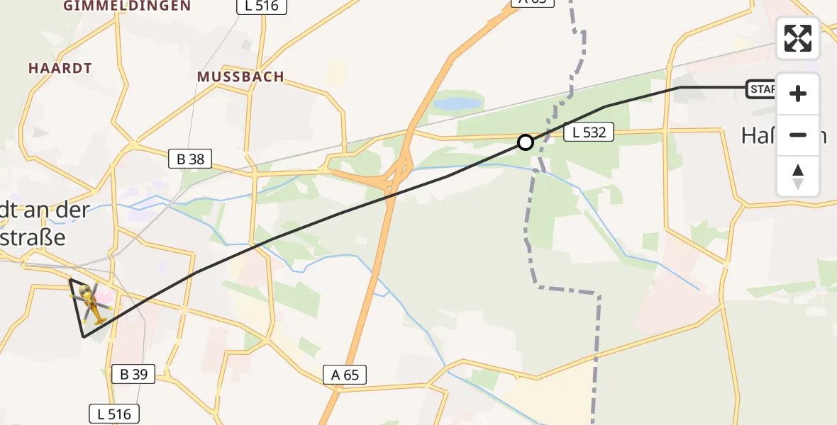 Flugroute Rettungshubschrauber Haßloch - Neustadt an der Weinstraße, 28 Juni 2026, 07:49