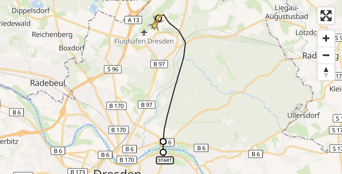 Flugroute Rettungshubschrauber Dresden University Hospital - Dresden Bundespolizei Hubschrauberlandeplatz, 28 Juni 2026, 07:49