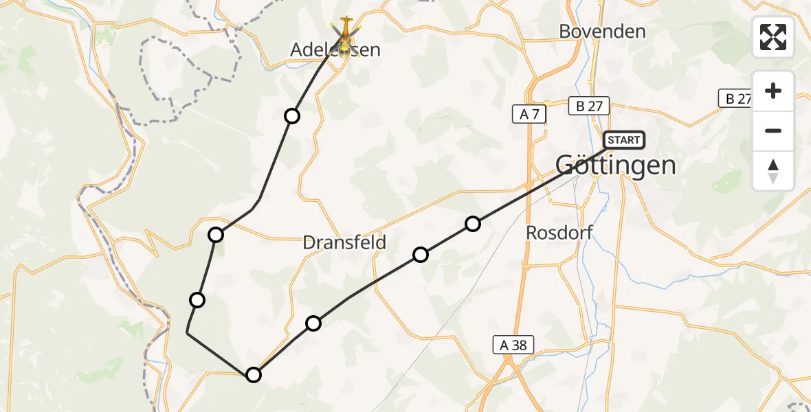 Flugroute Rettungshubschrauber Göttingen - Adelebsen, 28 Juni 2026, 07:55