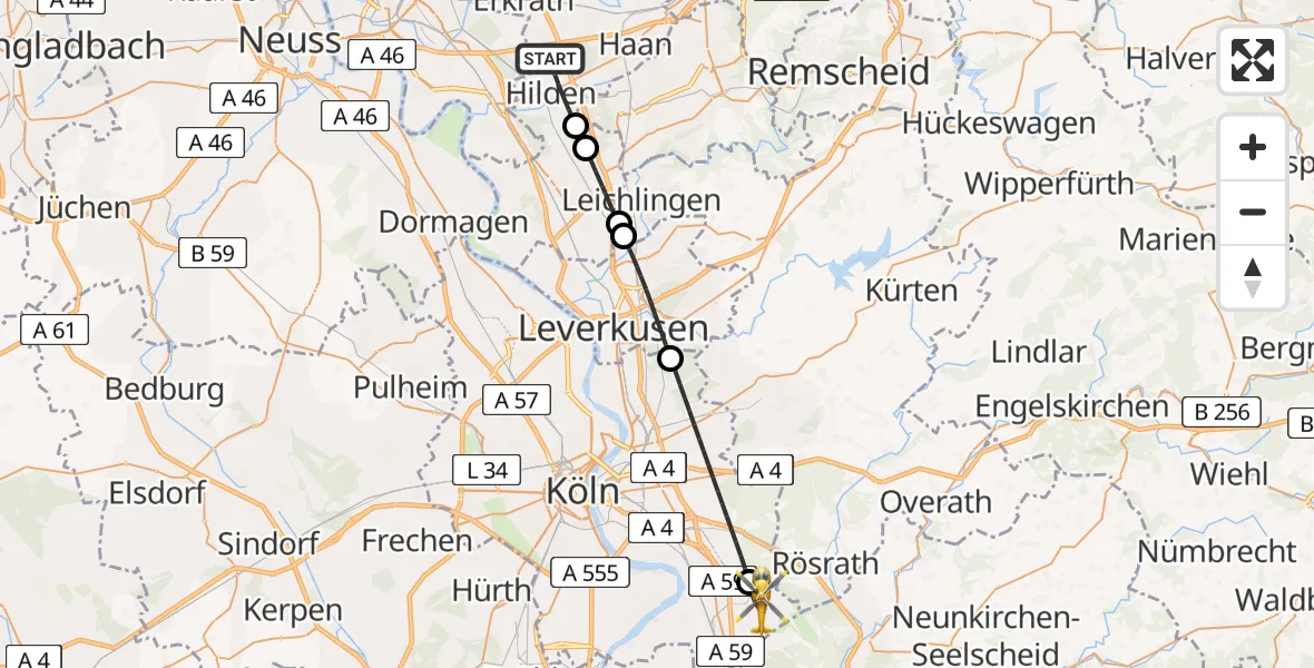 Flugroute Ambulanzhubschrauber Hilden - Köln Bonn Flughafen, 28 Juni 2026, 07:55