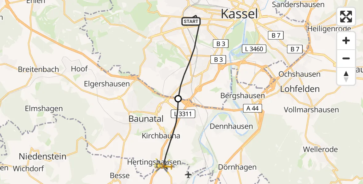 Flugroute Rettungshubschrauber Kassel - Baunatal, 28 Juni 2026, 07:58