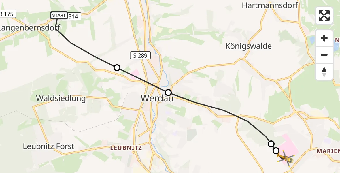 Flugroute Rettungshubschrauber Langenbernsdorf - ADAC Air Rescue Station Zwickau Hubschrauberlandeplatz, 28 Juni 2026, 07:58