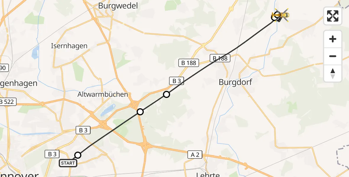 Flugroute Rettungshubschrauber Hannover Luftrettung Hubschrauberlandeplatz (Christoph 4) - Uetze, 28 Juni 2026, 08:04