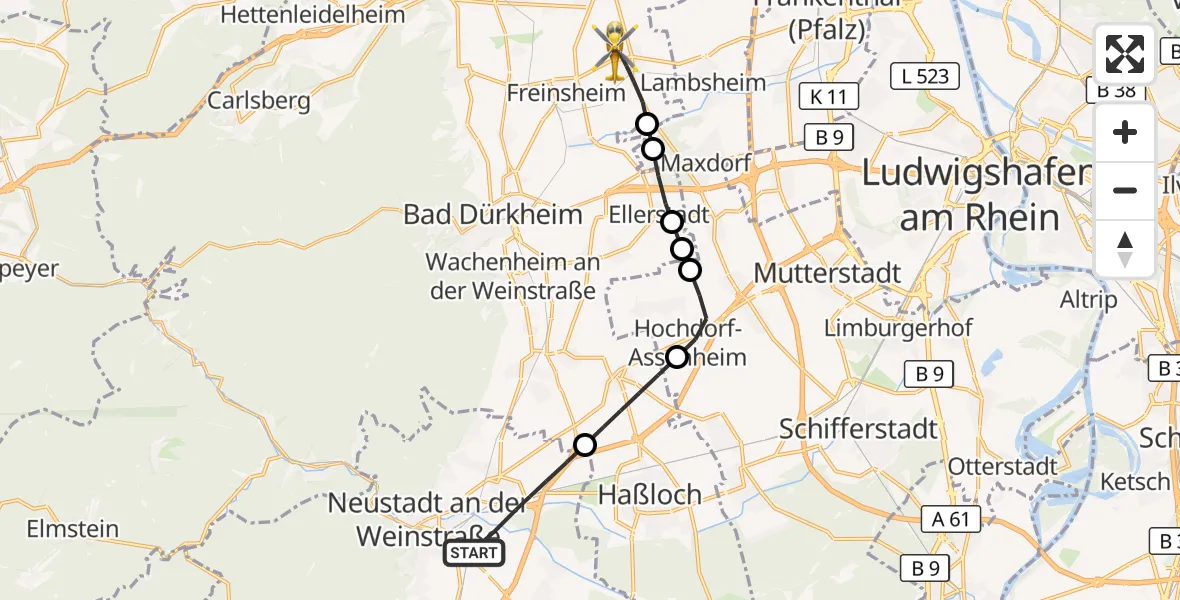 Flugroute Rettungshubschrauber Neustadt an der Weinstraße - Weisenheim am Sand, 28 Juni 2026, 08:07