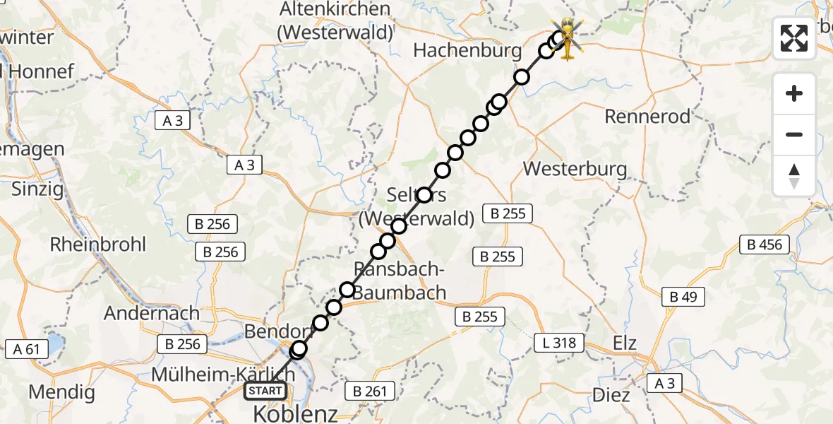 Flugroute Rettungshubschrauber Koblenz - Lautzenbrücken, 28 Juni 2026, 08:11