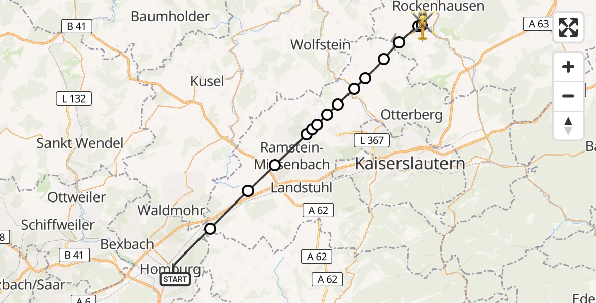 Flugroute Rettungshubschrauber Homburg - Imsweiler UL, 28 Juni 2026, 08:12