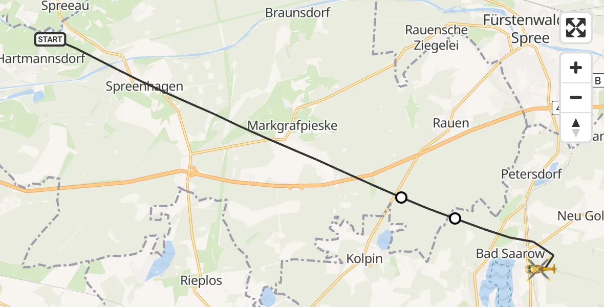 Flugroute Rettungshubschrauber Spreenhagen - Bad Saarow, 28 Juni 2026, 08:13