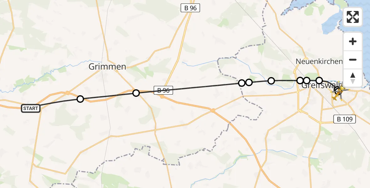 Flugroute Rettungshubschrauber Wendisch Baggendorf - Greifswald Hospital, 28 Juni 2026, 08:22