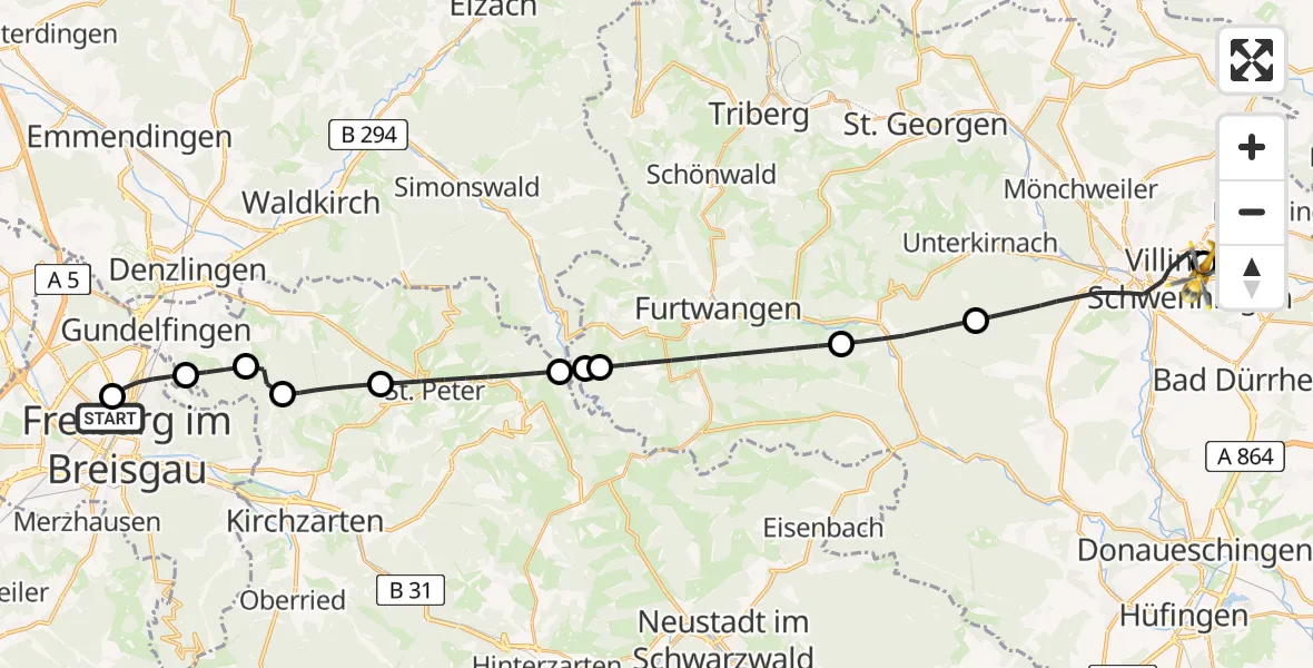 Flugroute Ambulanzhubschrauber Freiburg University Hospital Heliport 1 - DRF Air Rescue Station Villingen-Schwenningen Hubschrauberlandeplatz (Christoph 11), 28 Juni 2026, 08:23