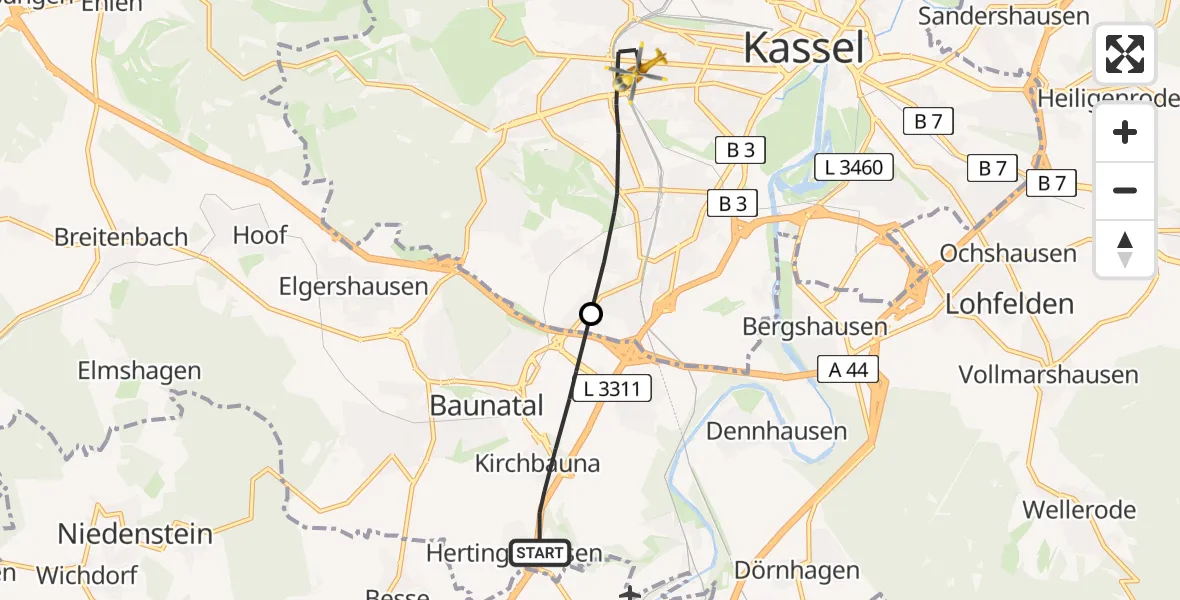 Flugroute Rettungshubschrauber Baunatal - Kassel, 28 Juni 2026, 08:27