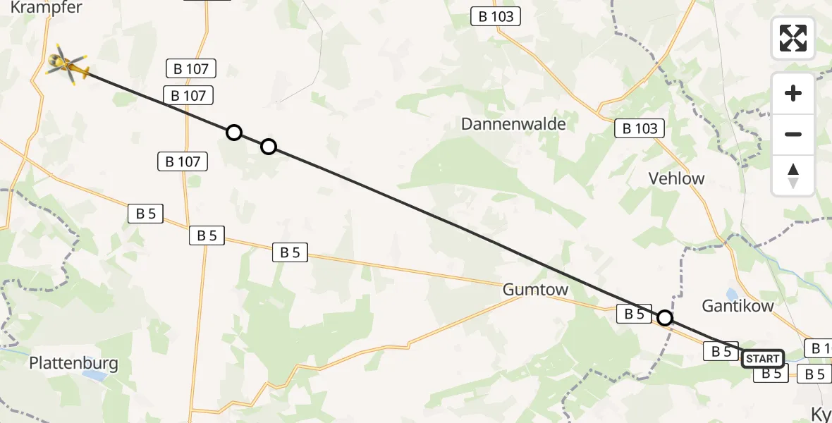 Flugroute Rettungshubschrauber Kyritz - Plattenburg, 28 Juni 2026, 08:29