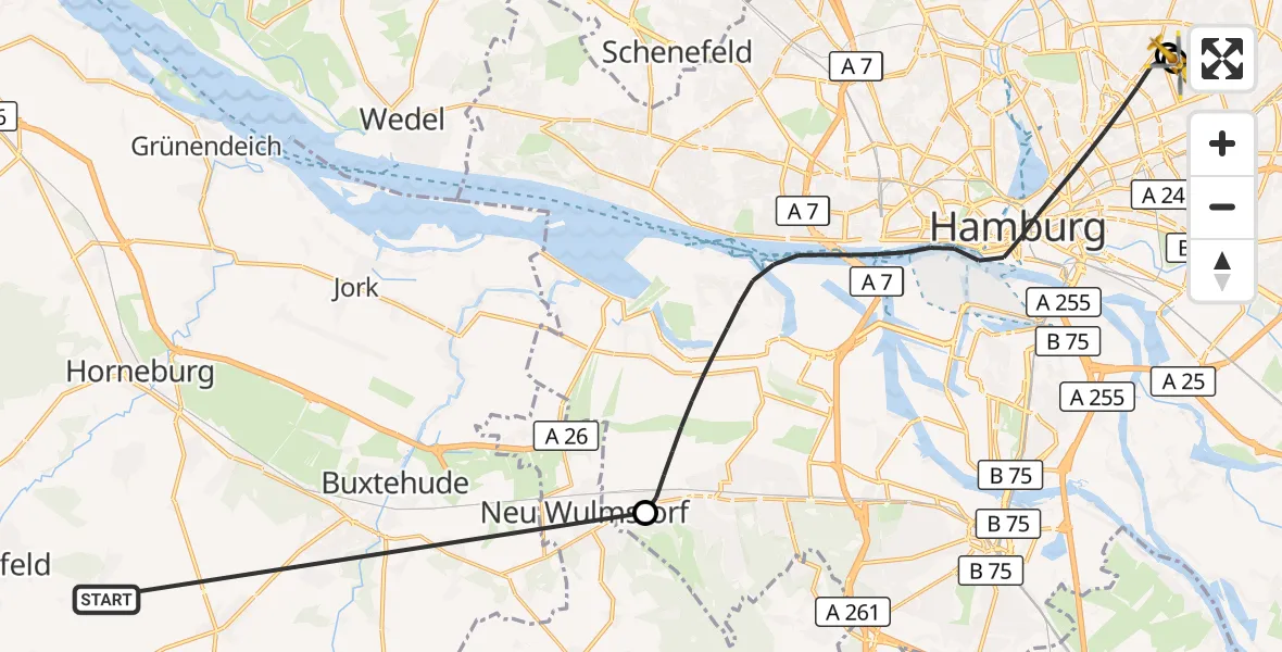 Flugroute Rettungshubschrauber Harsefeld - Hamburg Military Hospital, 28 Juni 2026, 08:38
