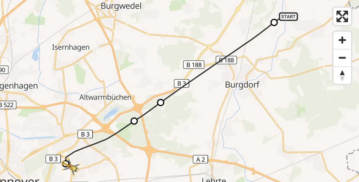 Flugroute Rettungshubschrauber Uetze - Hannover Luftrettung Hubschrauberlandeplatz (Christoph 4), 28 Juni 2026, 08:38