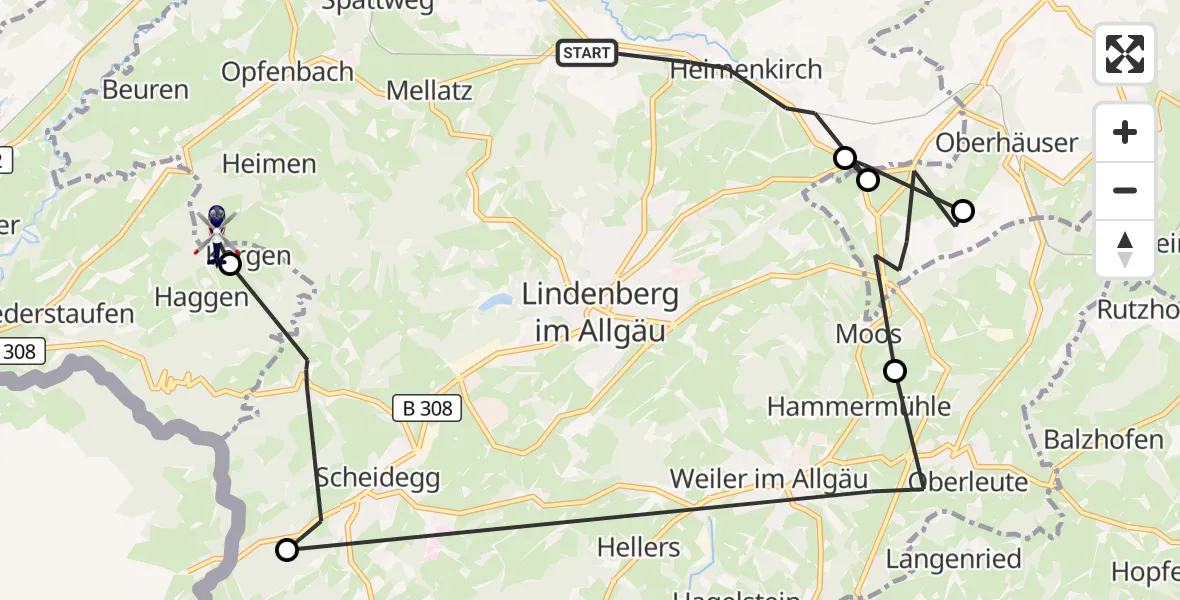 Flugroute Polizeihubschrauber Heimenkirch - Opfenbach, 28 Juni 2026, 08:40