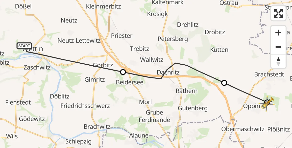 Flugroute Rettungshubschrauber Wettin-Löbejün - Halle-Oppin Flugplatz, 28 Juni 2026, 08:43
