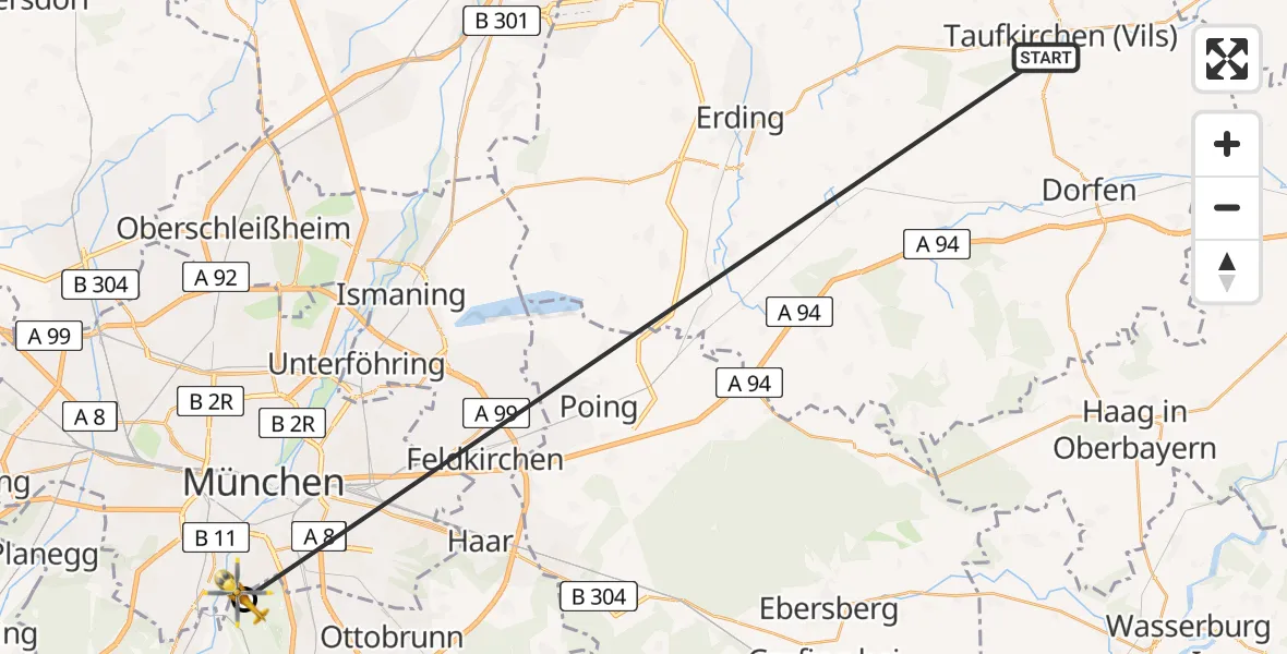 Flugroute Rettungshubschrauber Taufkirchen (Vils) - ADAC Air Rescue Center Hubschrauberlandeplatz (Christoph 1), 28 Juni 2026, 08:45