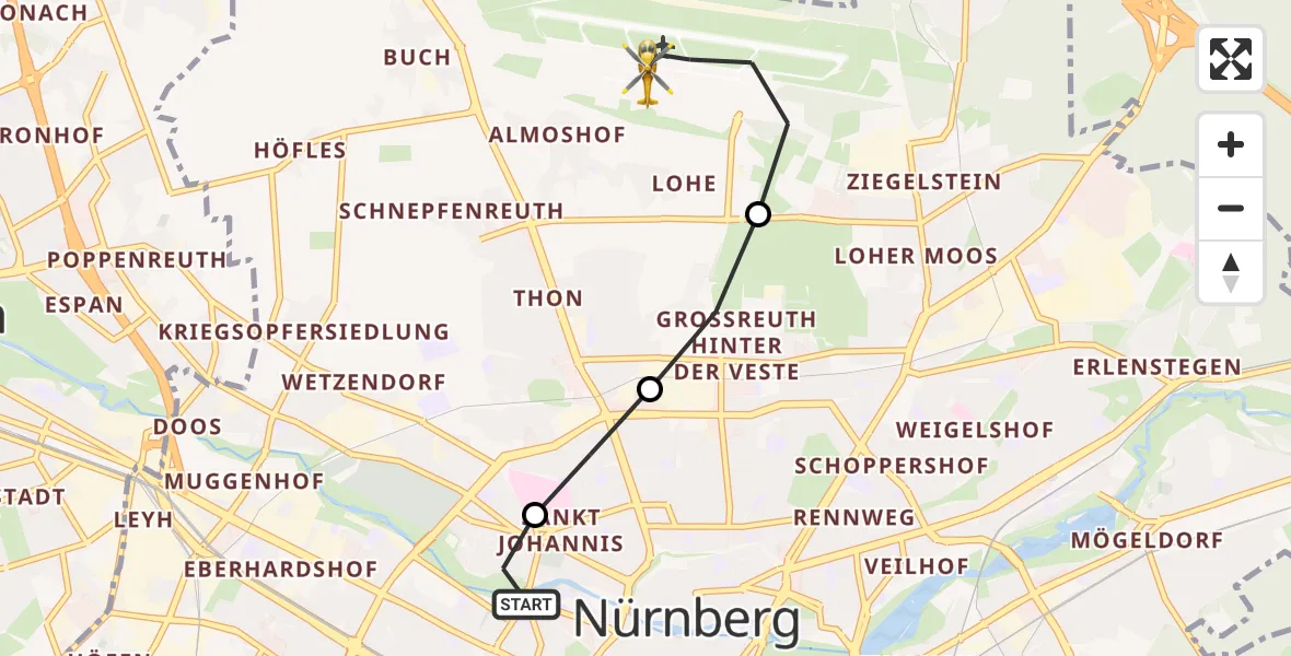 Flugroute Rettungshubschrauber Deutschherrnwiese Hubschrauberlandeplatz - Flughafen Nuremberg, 28 Juni 2026, 08:46
