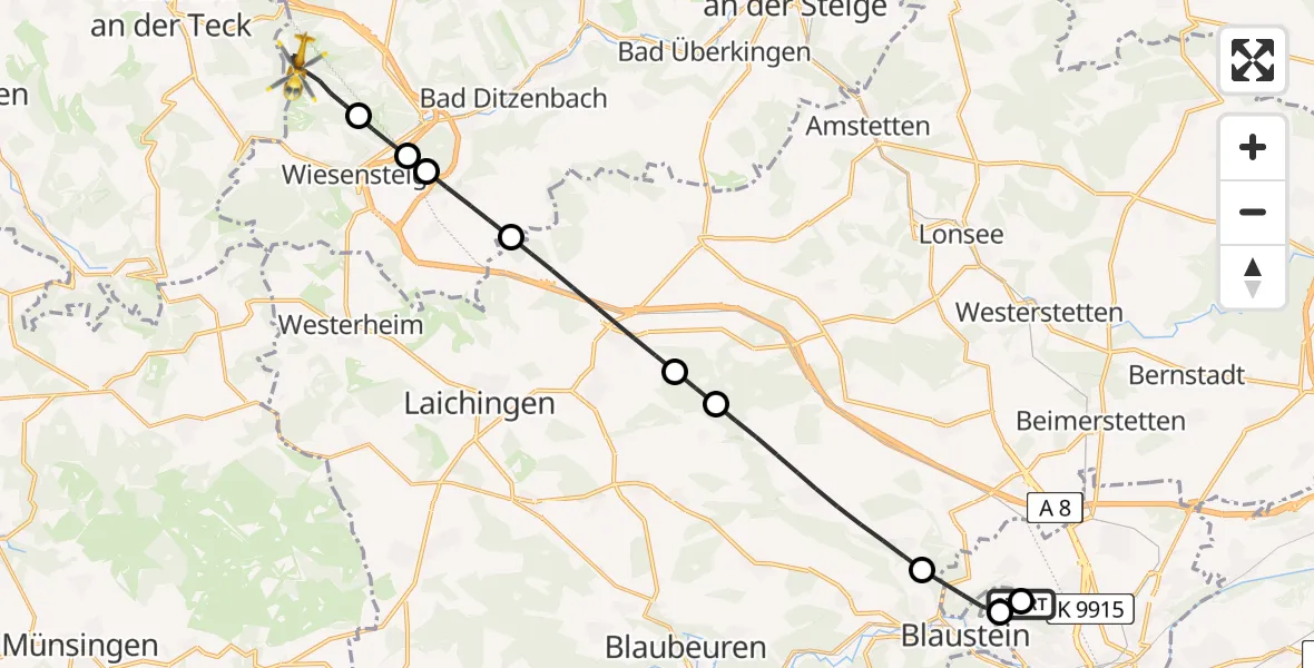 Flugroute Rettungshubschrauber Ulm Military Hospital Emergency - Gruibingen, 28 Juni 2026, 08:48