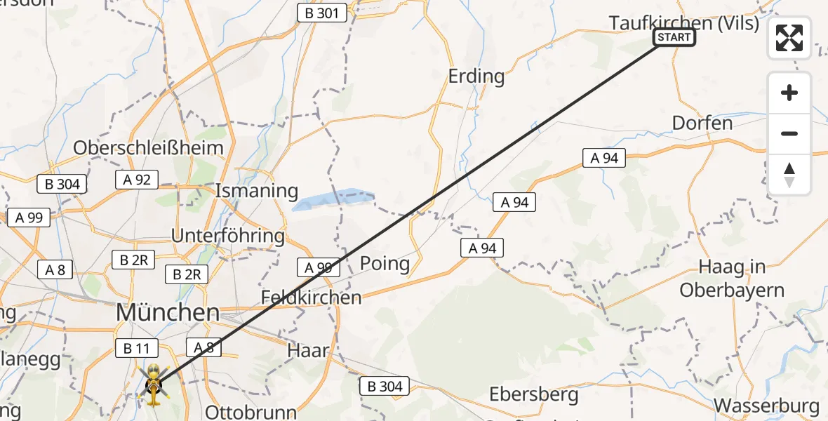 Flugroute Rettungshubschrauber Taufkirchen (Vils) - ADAC Air Rescue Center Hubschrauberlandeplatz (Christoph 1), 28 Juni 2026, 08:49