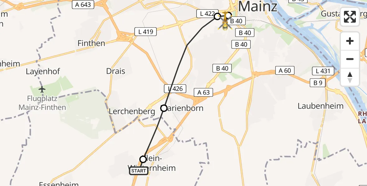 Flugroute Rettungshubschrauber Ober-Olm - Mainz University Hospital, 28 Juni 2026, 08:51