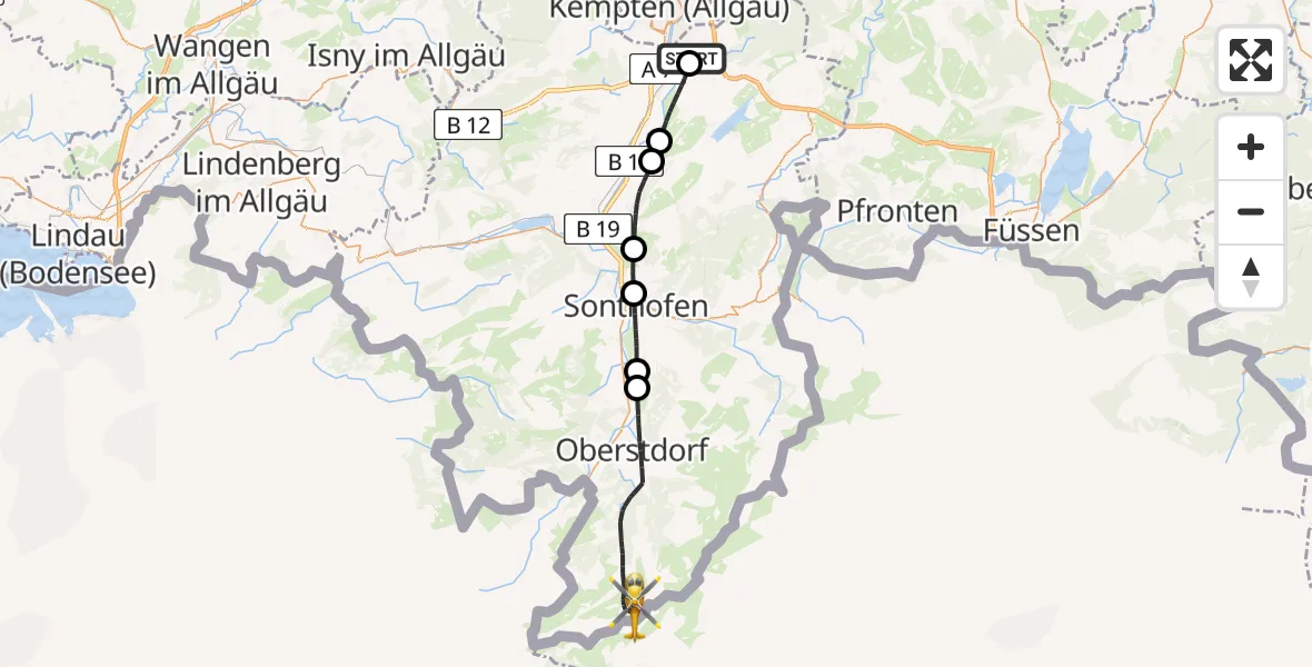 Flugroute Rettungshubschrauber Kempten-Durach Flugplatz - Oberstdorf, 28 Juni 2026, 08:53