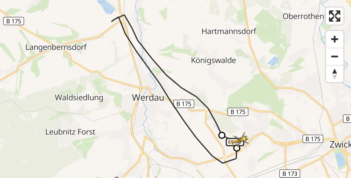 Flugroute Rettungshubschrauber ADAC Air Rescue Station Zwickau Hubschrauberlandeplatz - ADAC Air Rescue Station Zwickau Hubschrauberlandeplatz, 28 Juni 2026, 08:55