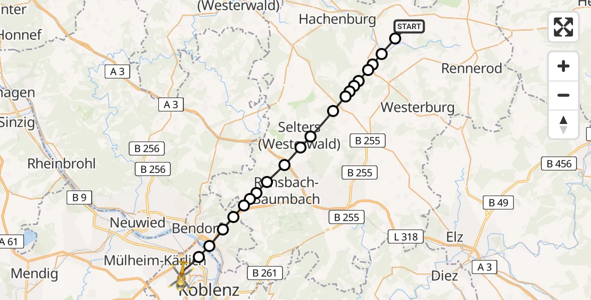 Flugroute Rettungshubschrauber Bad Marienberg (Westerwald) - Koblenz, 28 Juni 2026, 08:57