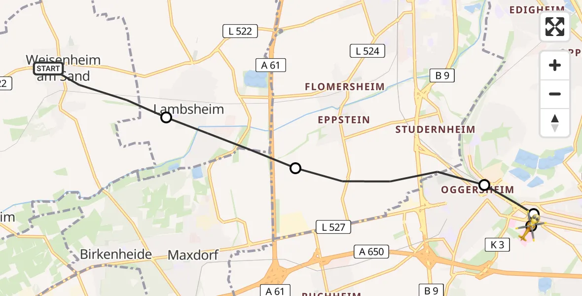Flugroute Rettungshubschrauber Weisenheim am Sand - Ludwigshafen Accident Hospital, 28 Juni 2026, 09:03