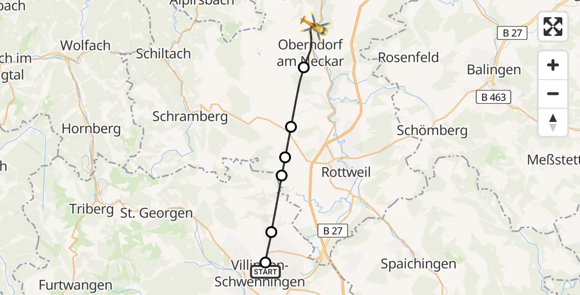 Flugroute Ambulanzhubschrauber DRF Air Rescue Station Villingen-Schwenningen Hubschrauberlandeplatz (Christoph 11) - Oberndorf am Neckar, 28 Juni 2026, 09:05