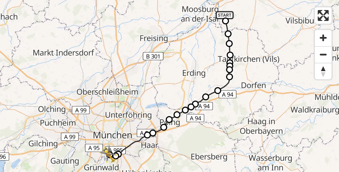 Flugroute Rettungshubschrauber Eching - ADAC Air Rescue Center Hubschrauberlandeplatz (Christoph 1), 28 Juni 2026, 09:10