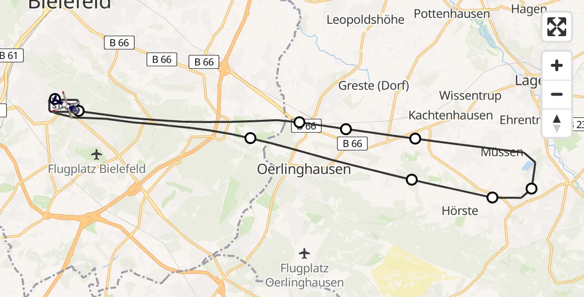 Flugroute Polizeihubschrauber Luftrettungszentrum Bielefeld - Luftrettungszentrum Bielefeld, 28 Juni 2026, 09:12