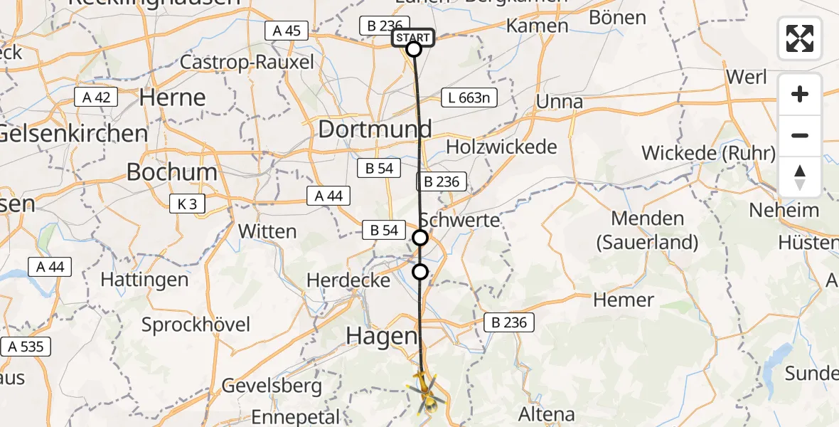 Flugroute Rettungshubschrauber Lünen - Hagen, 28 Juni 2026, 09:22