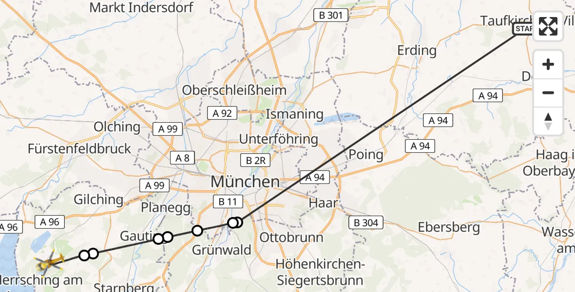 Flugroute Rettungshubschrauber Taufkirchen (Vils) - Seefeld, 28 Juni 2026, 09:39