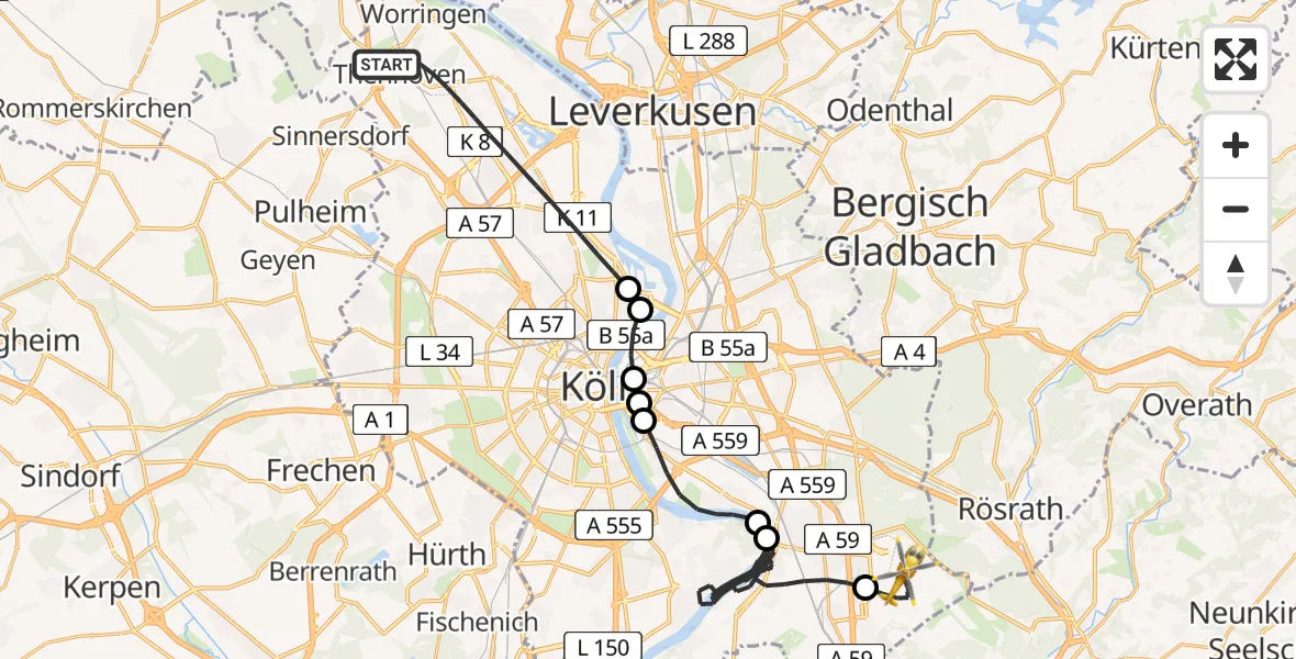 Flugroute Rettungshubschrauber Köln - Köln Bonn Flughafen, 28 Juni 2026, 09:39