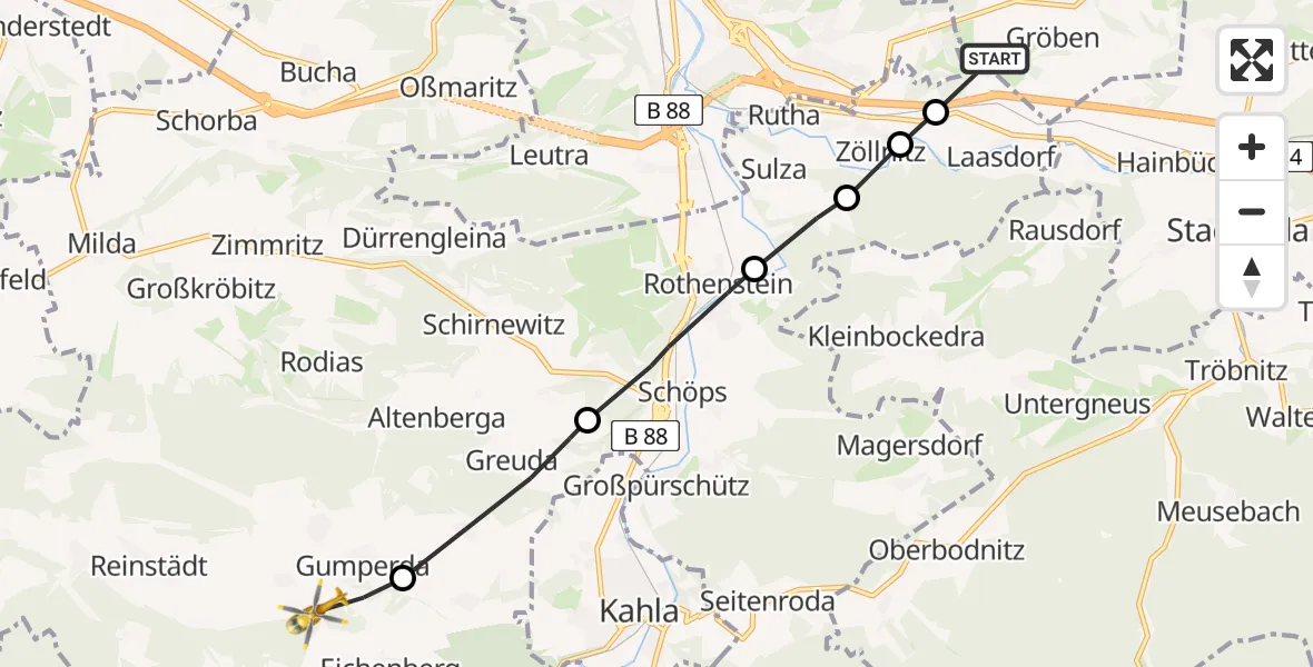 Flugroute Rettungshubschrauber Schlöben - Gumperda, 28 Juni 2026, 09:45