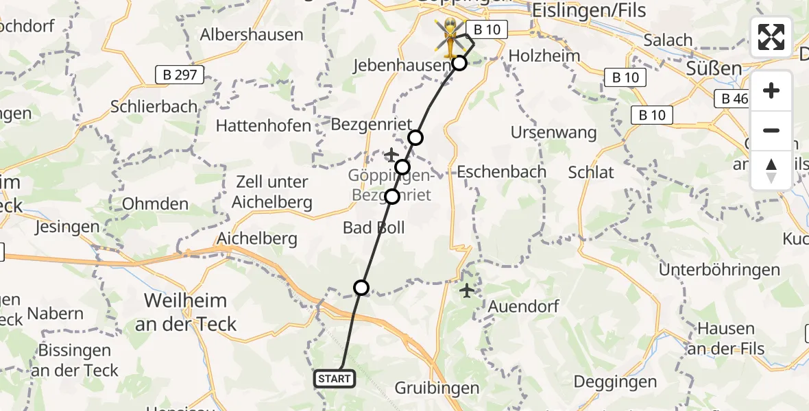 Flugroute Rettungshubschrauber Gruibingen - Göppingen, 28 Juni 2026, 09:47