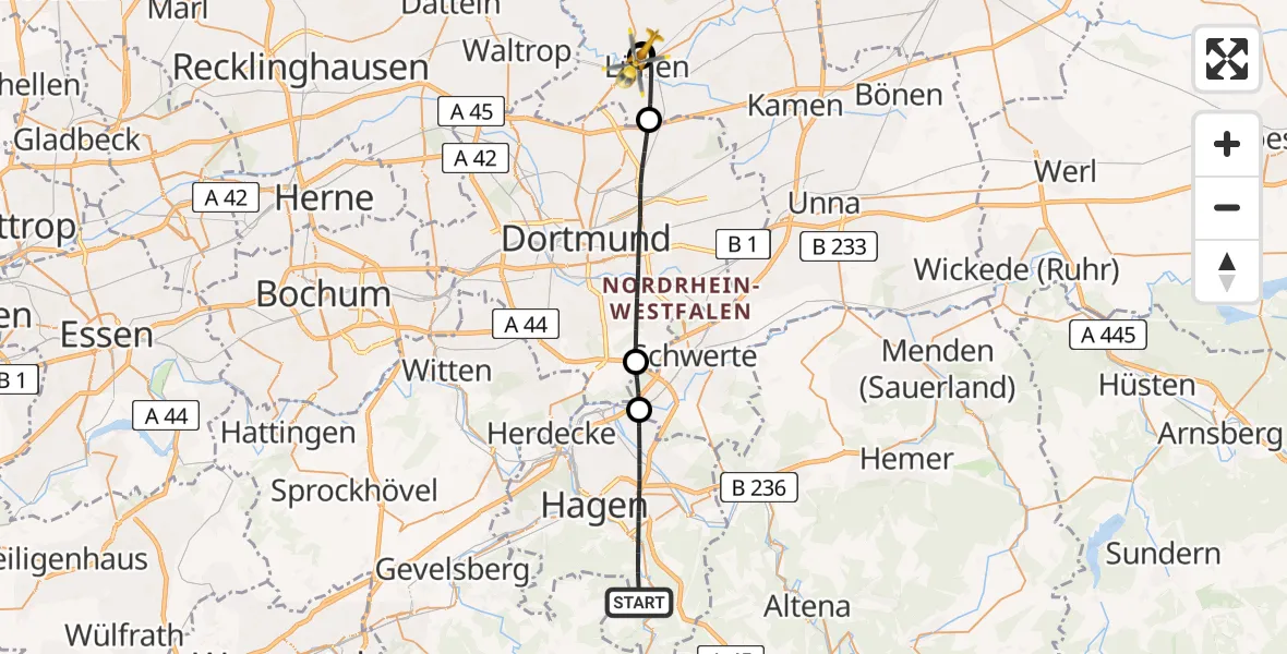 Flugroute Rettungshubschrauber Hagen - Sankt Marien Hospital, 28 Juni 2026, 09:50