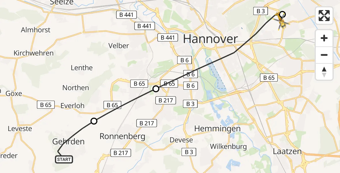 Flugroute Rettungshubschrauber Gehrden - Hannover Luftrettung Hubschrauberlandeplatz (Christoph 4), 28 Juni 2026, 09:51