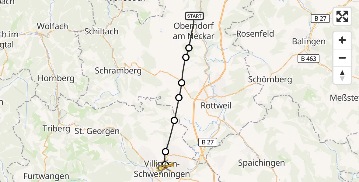 Flugroute Ambulanzhubschrauber Oberndorf am Neckar - DRF Air Rescue Station Villingen-Schwenningen Hubschrauberlandeplatz (Christoph 11), 28 Juni 2026, 10:00