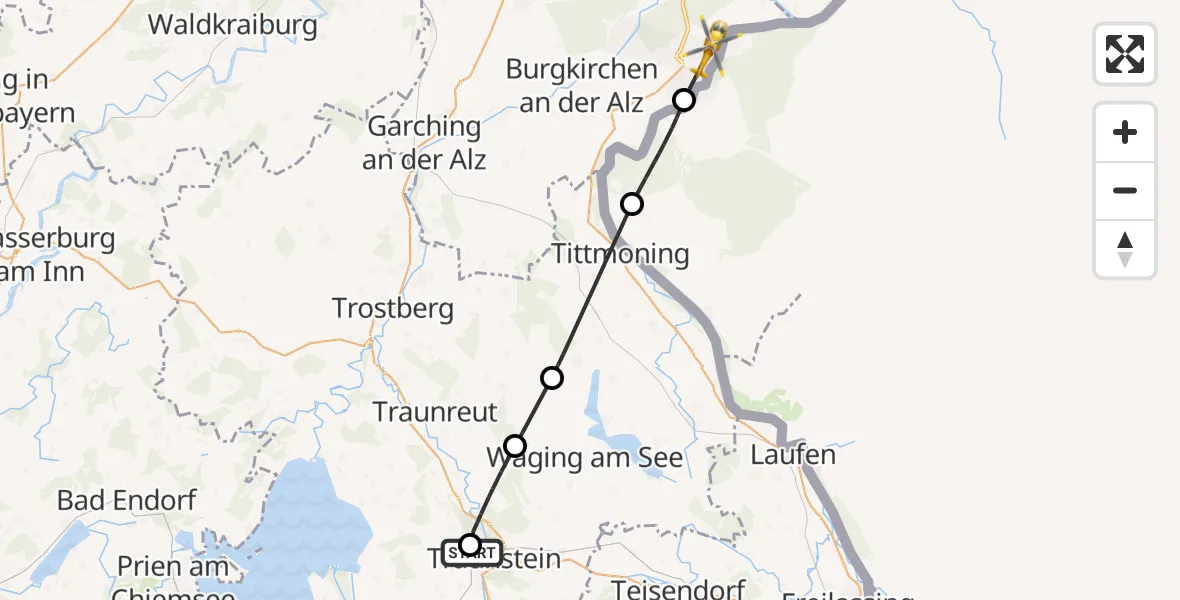 Flugroute Rettungshubschrauber Traunstein Hospital - Burghausen, 28 Juni 2026, 10:03