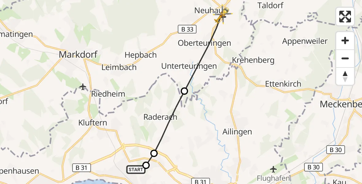 Flugroute Rettungshubschrauber Friedrichshafen Hospital - Oberteuringen, 28 Juni 2026, 10:06