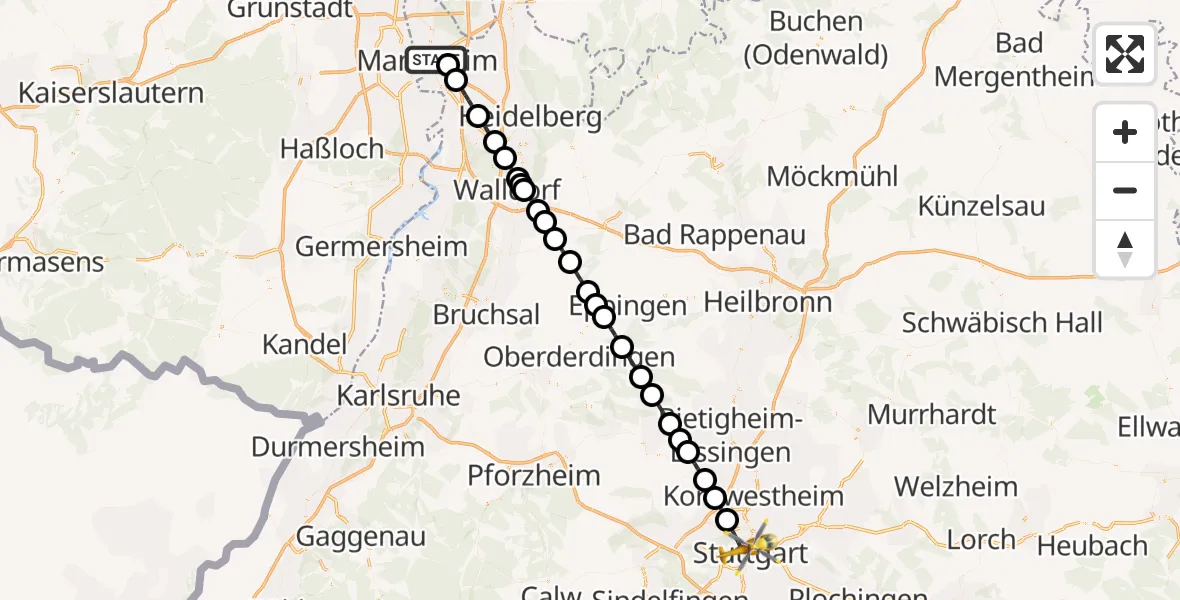 Flugroute Rettungshubschrauber Mannheim - Stuttgart, 28 Juni 2026, 10:11