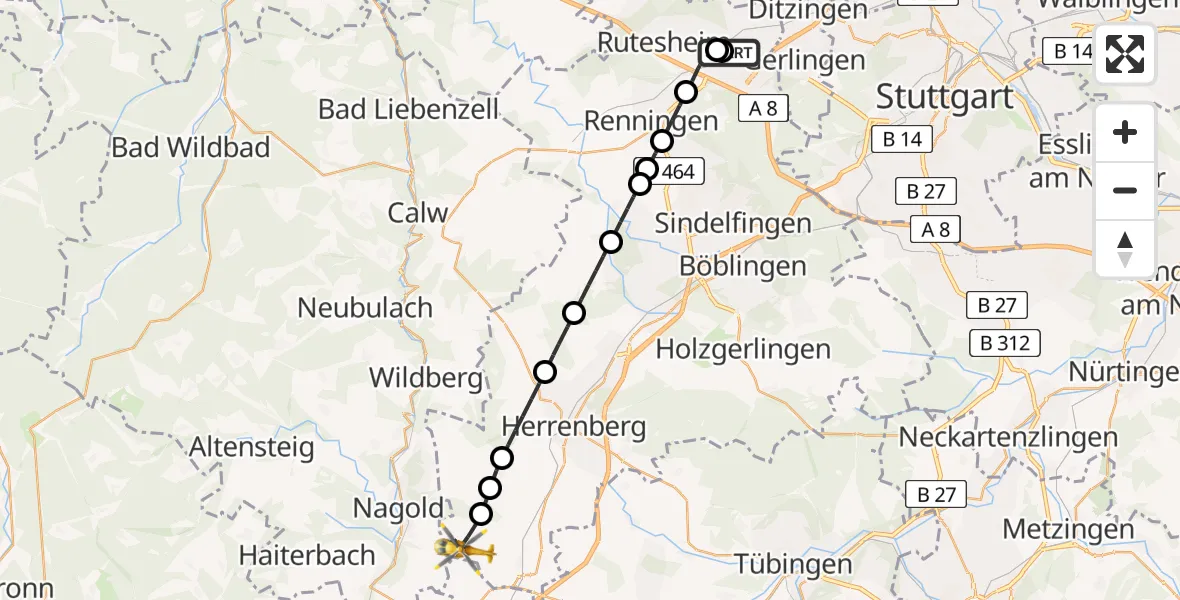 Flugroute Rettungshubschrauber Leonberg Hospital - Mötzingen, 28 Juni 2026, 10:17